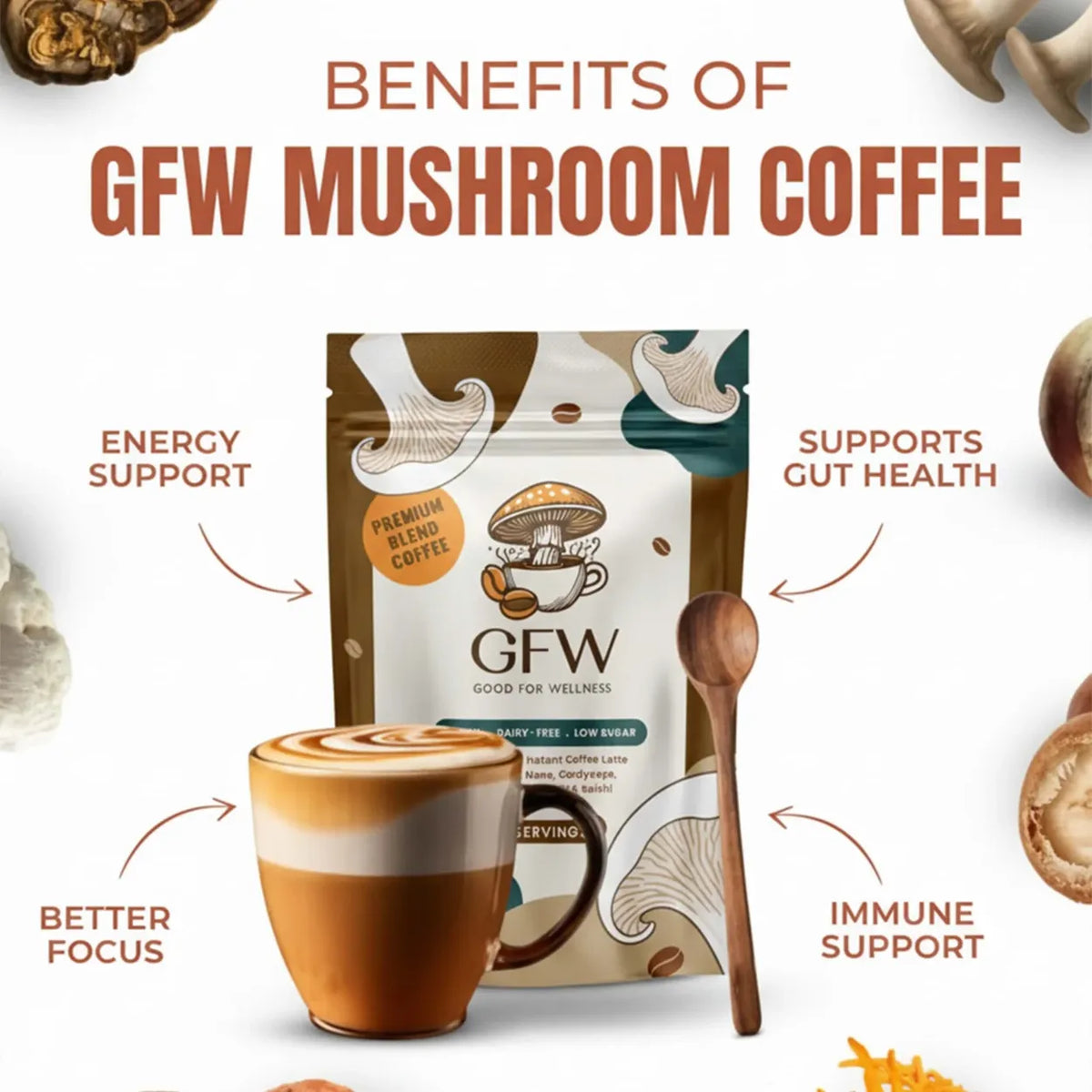 GFW 5-Mushroom Instant Coffee Latte – Clean Energy & Sharp Focus