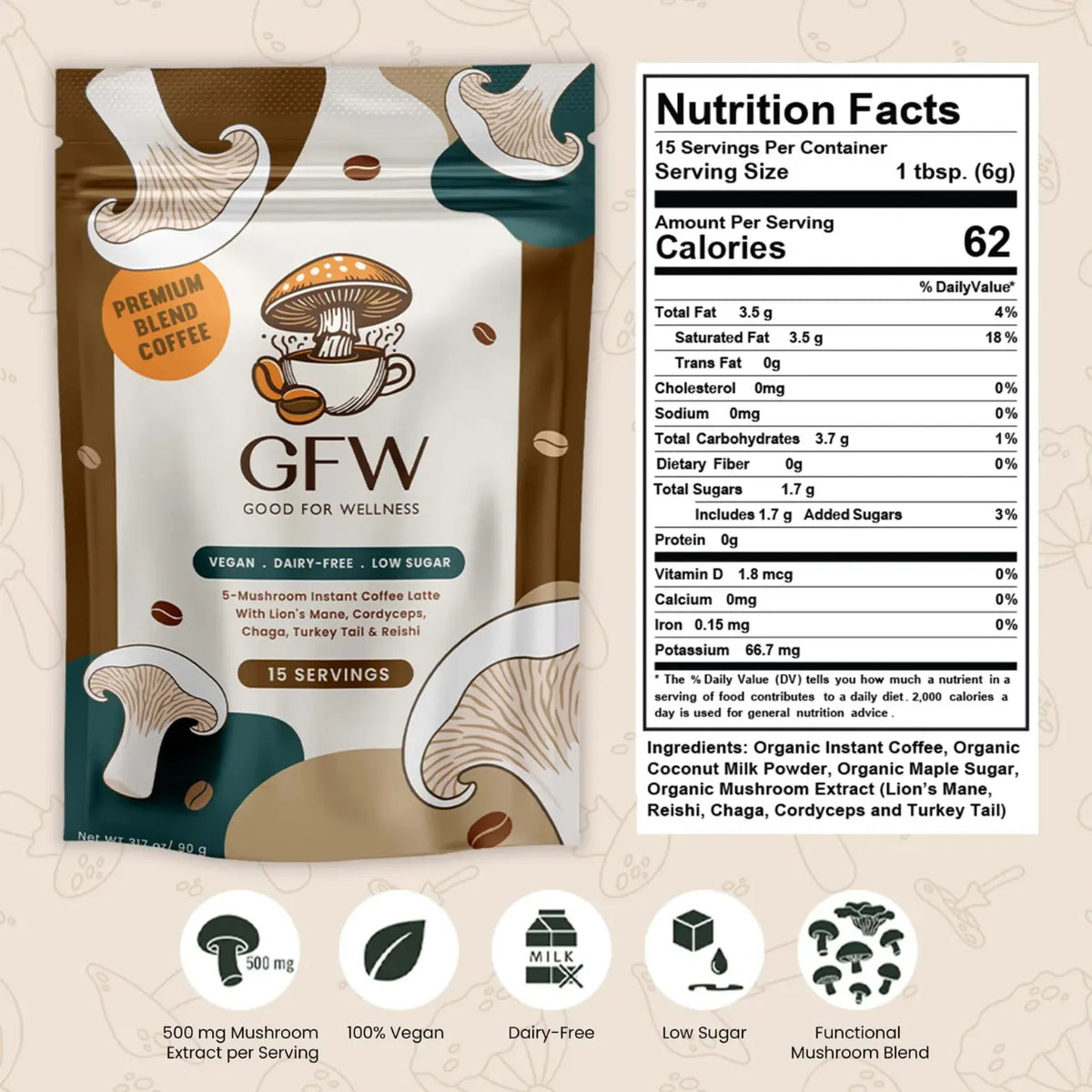 GFW 5-Mushroom Instant Coffee Latte – Clean Energy & Sharp Focus