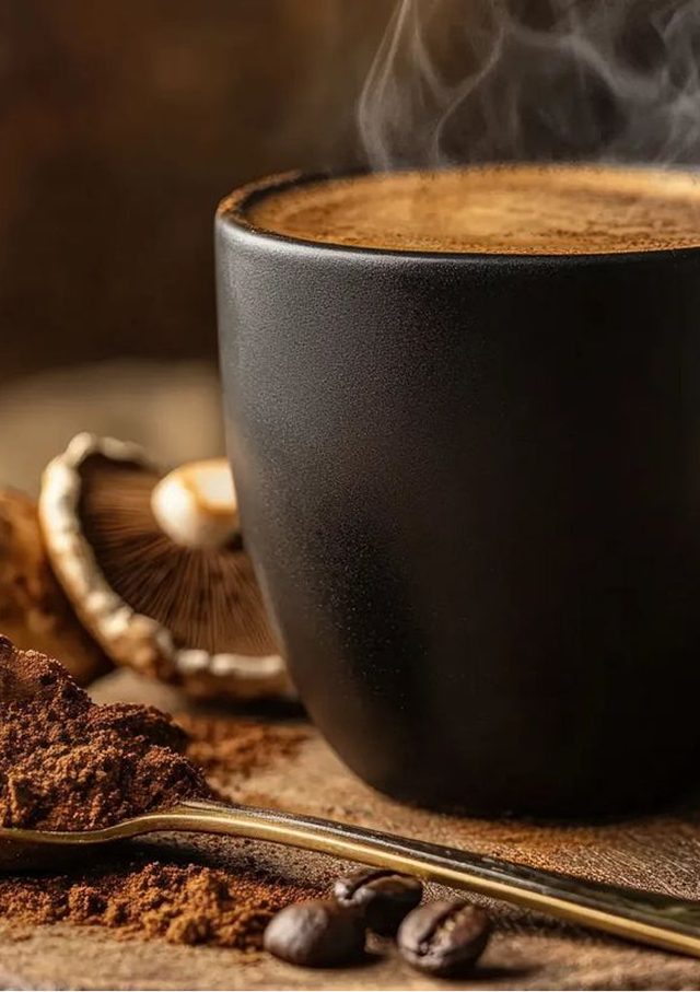 Steaming mushroom coffee with natural ingredients